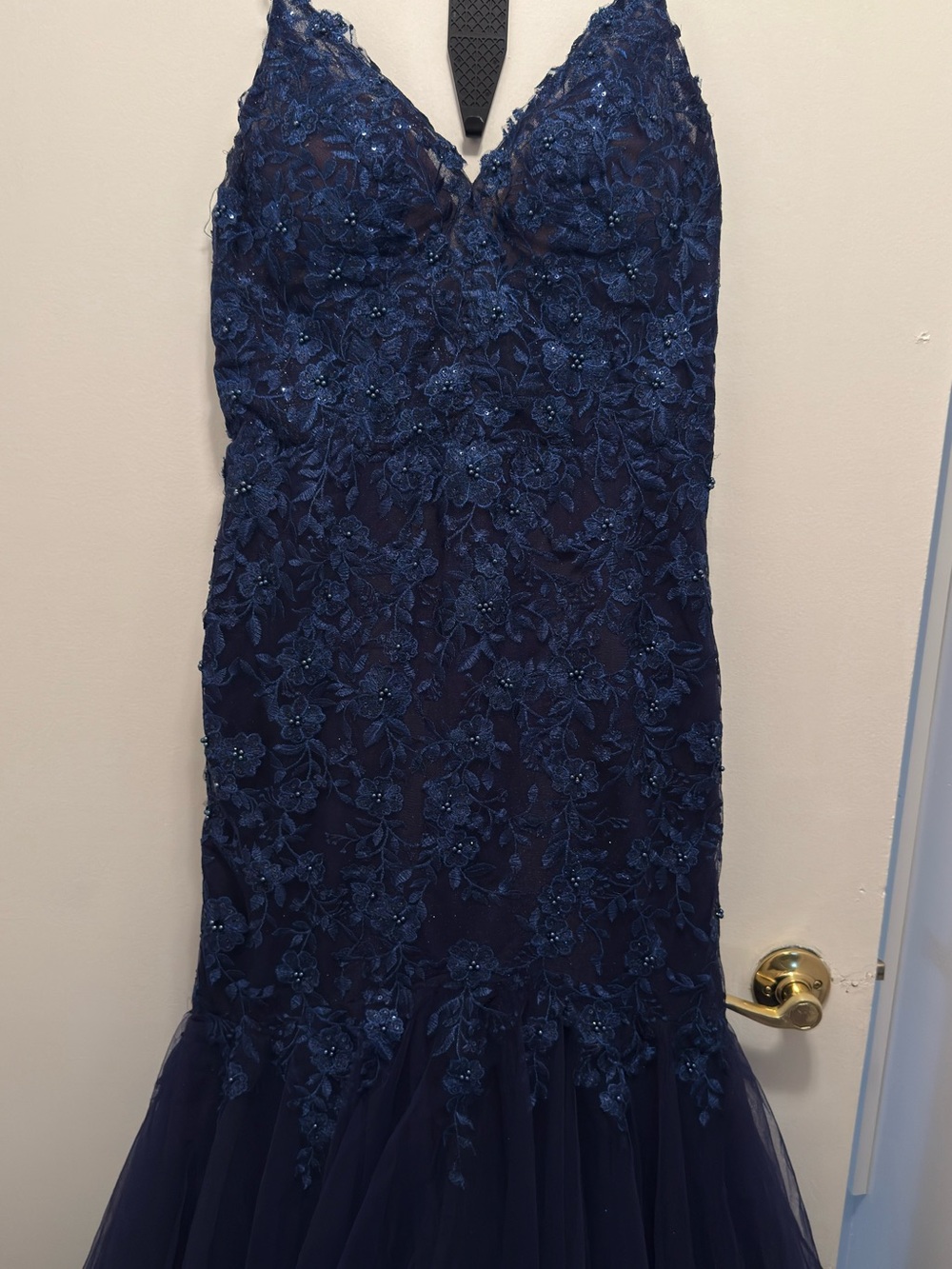 JVN by Jovani Navy Blue Lace & Tulle Mermaid Gown - Picture 2 of 5